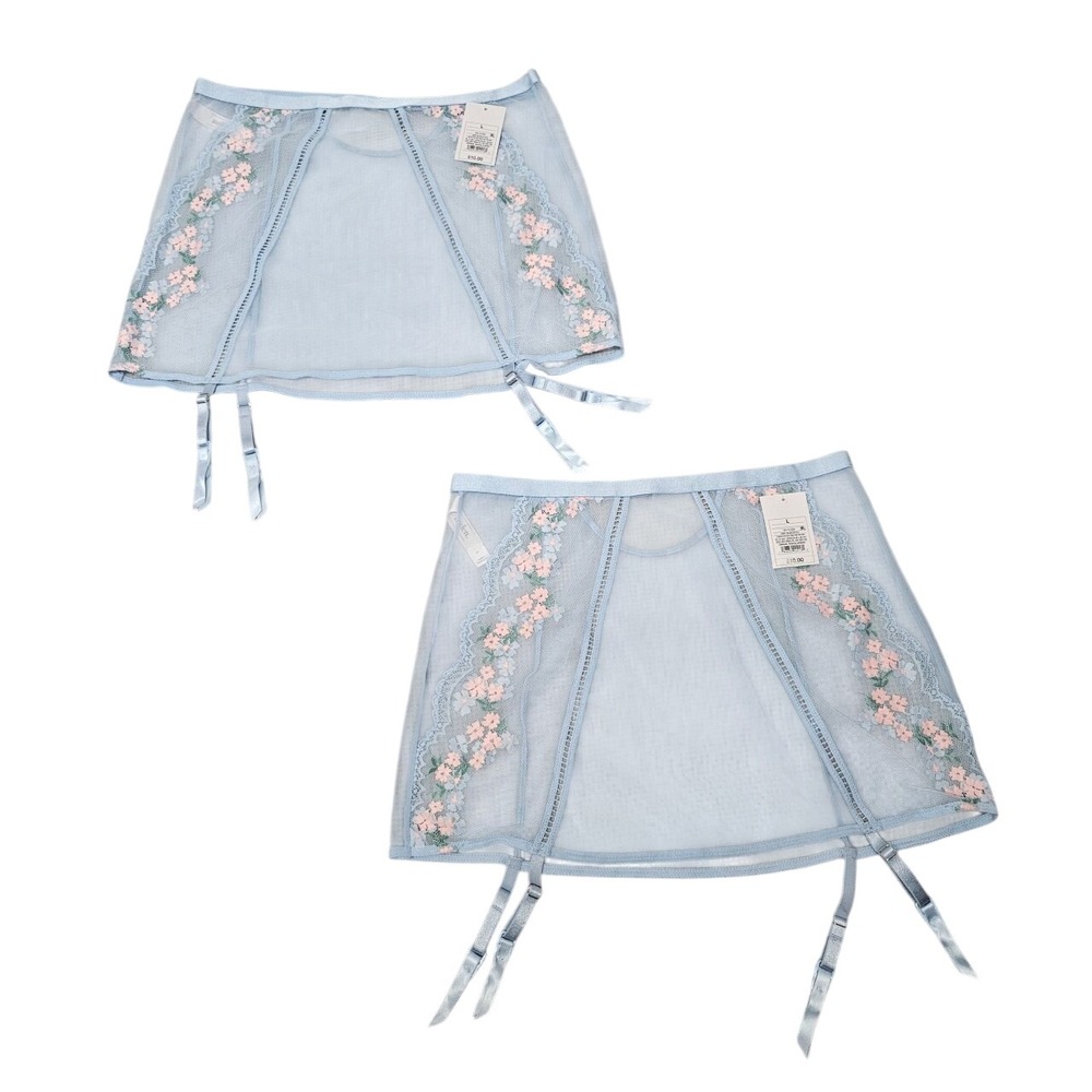 Auden Womens Light Blue Floral Embroidered Mesh Garter Skirt Lot of 2 Size L NEW